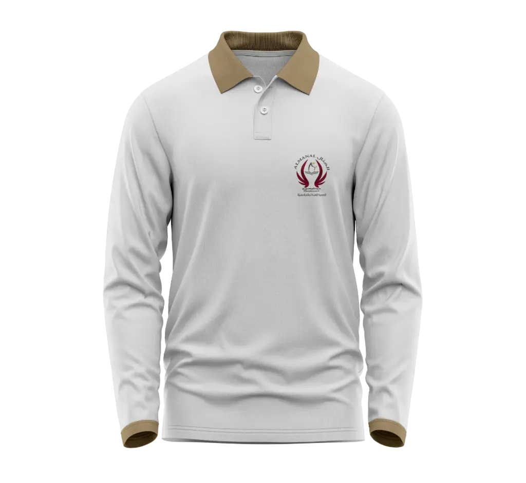 Long-sleeve polo T-shirt – White color with beige collar – Al Manal Kindergarten
